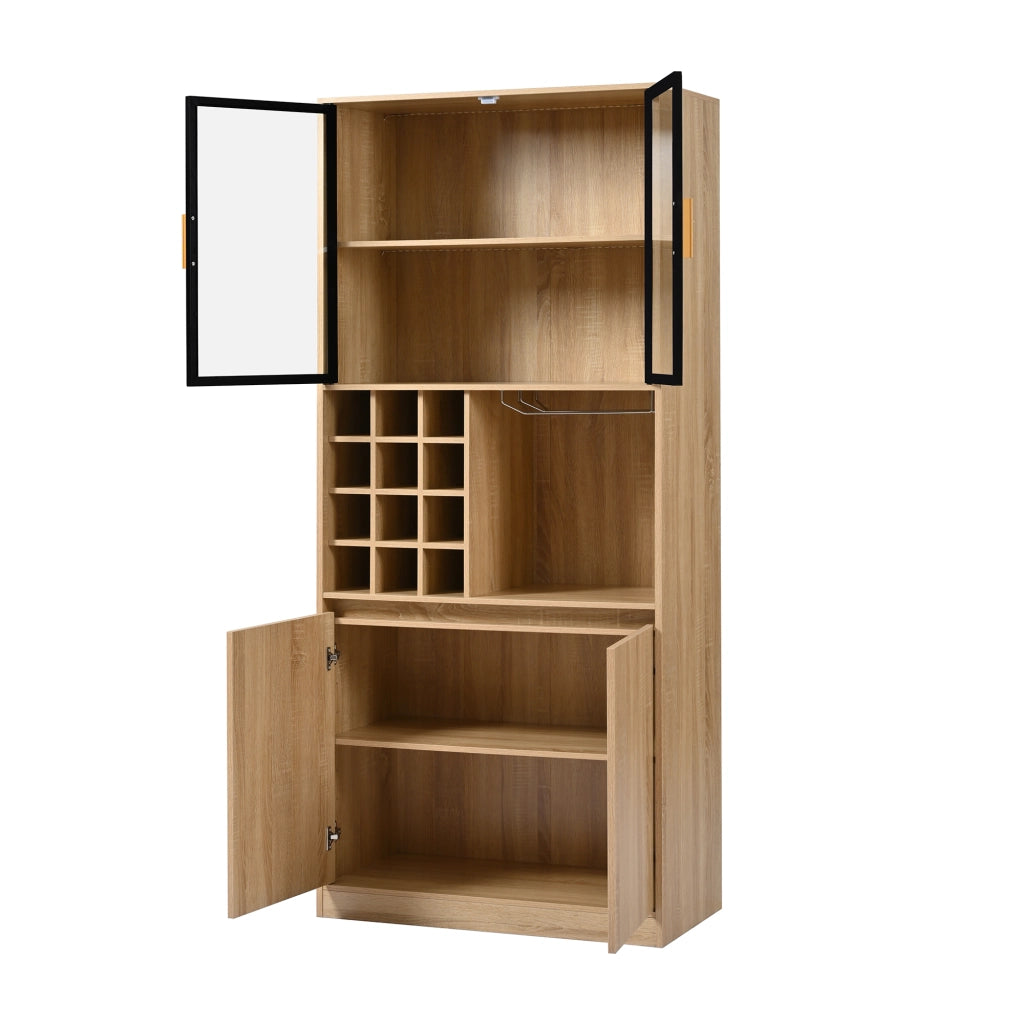 Vetrina con ante in vetro vani aperti e illuminazione a LED con portabicchieri removibile in MDF naturale