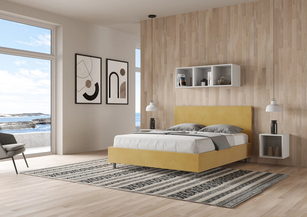 BS COM Letto matrimoniale king size con rete imbottito 170x200 microfibra ocra