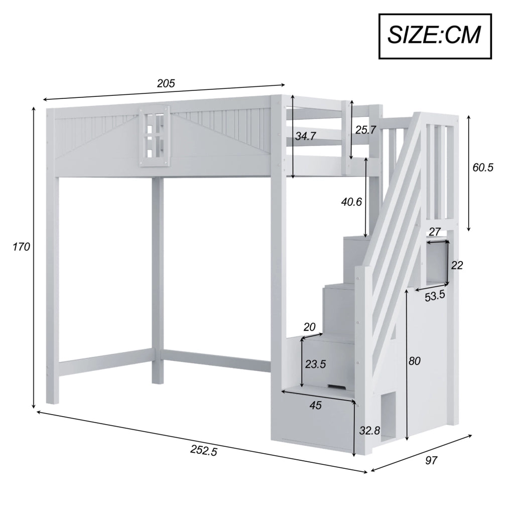 Letto a soppalco in legno massiccio 90x200 cm con scala laterale reversibile e pannello di sicurezza con finestra, colore grigio