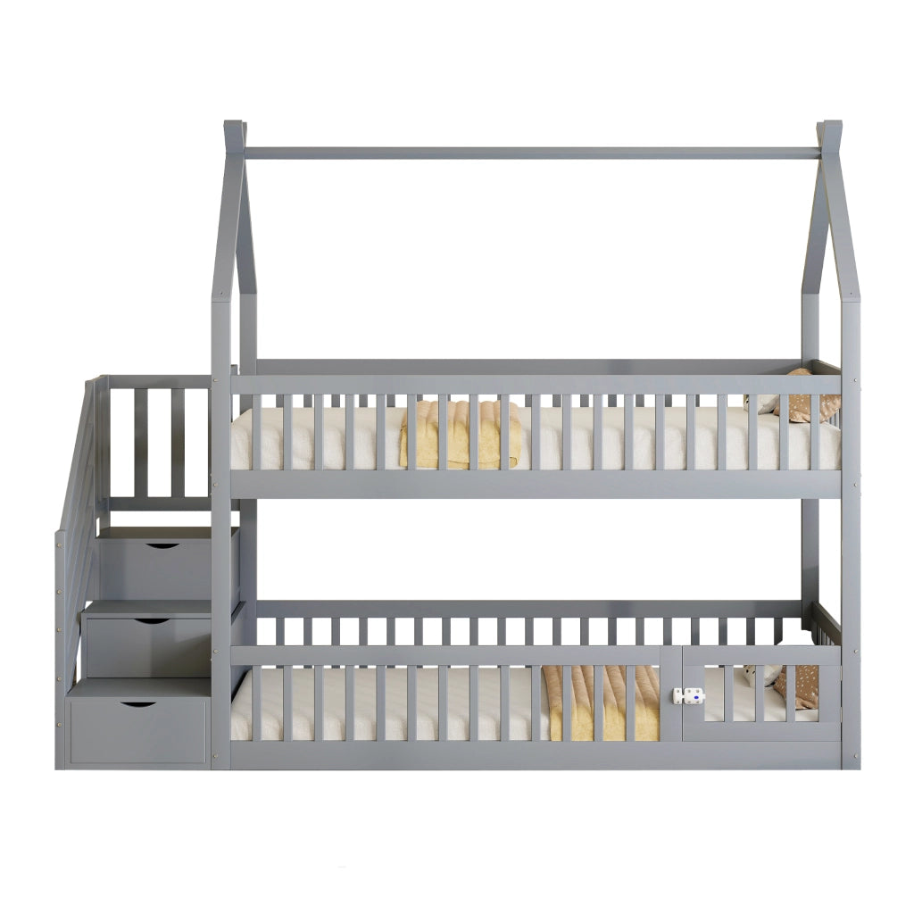 Letto a castello 90x200 in legno massello grigio con tetto e scale di sicurezza