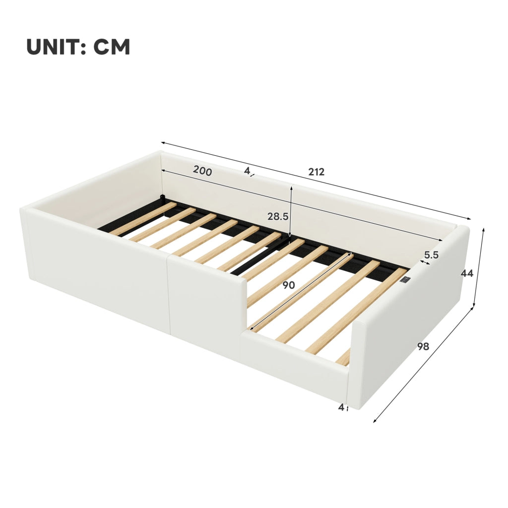 Letto imbottito 90x200 cm con sponde di protezione e stazione di ricarica USB/Type-C bianco