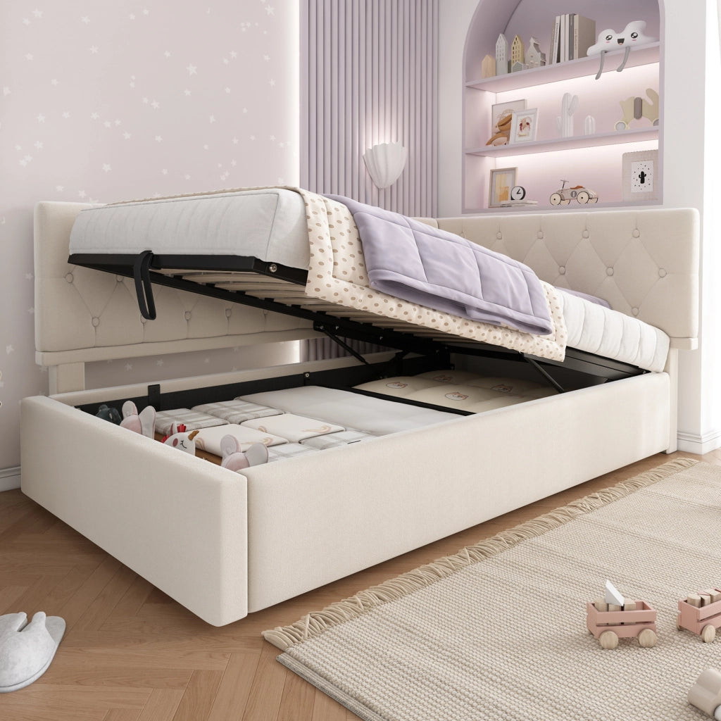 Divano letto 90x200 cm con contenitore idraulico; velluto beige; senza materasso