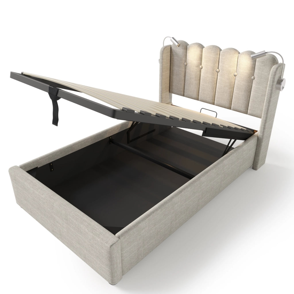 Letto Singolo 90x200 cm; Letto con Contenitore; Luce da Lettura e USB in Lino Beige