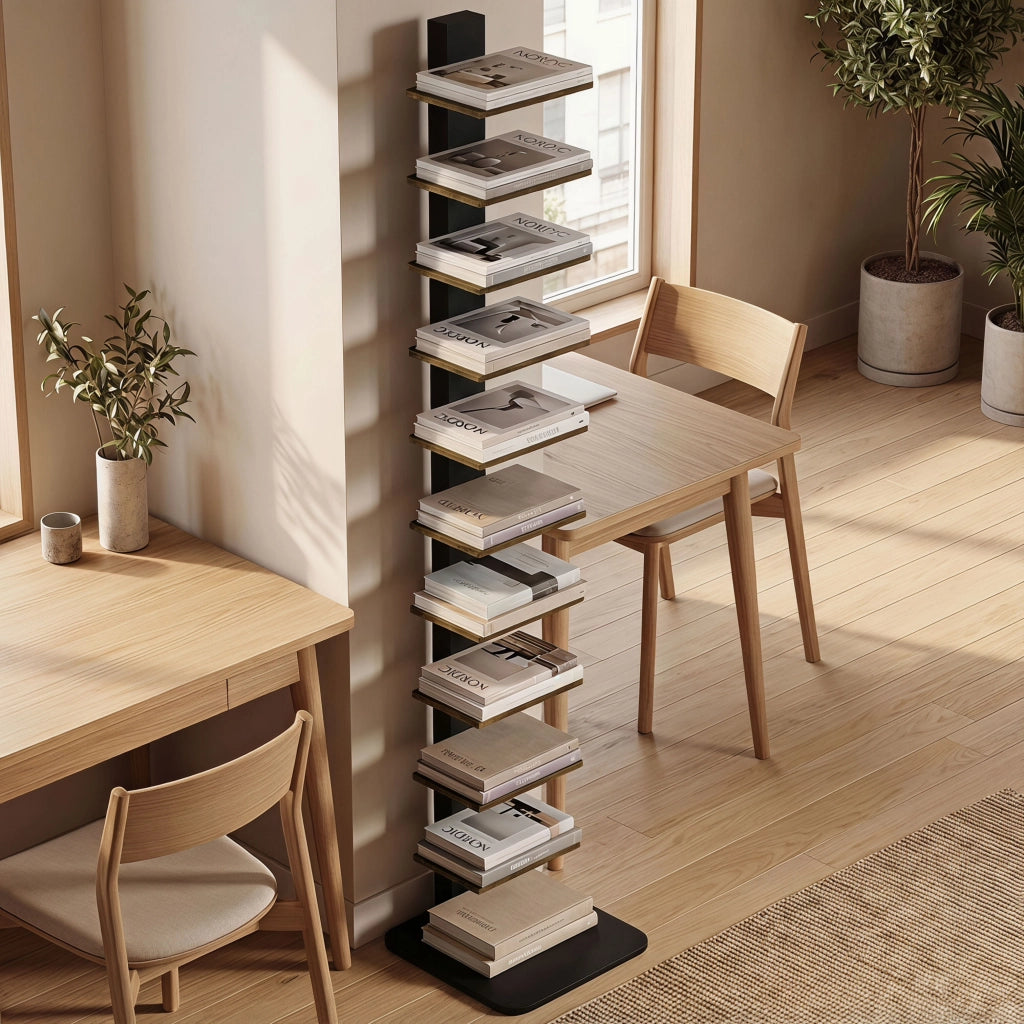 Libreria verticale a 11 ripiani in acciaio e legno; marrone rustico opaco; per angoli stretti