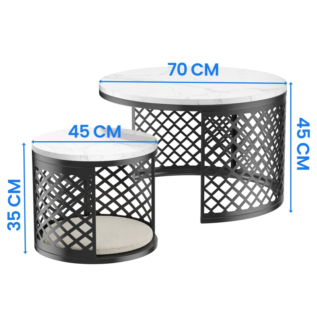 Set 2 tavolini da caffè rotondi 70 e 45 cm con spazio per animali; MDF e metallo bianco