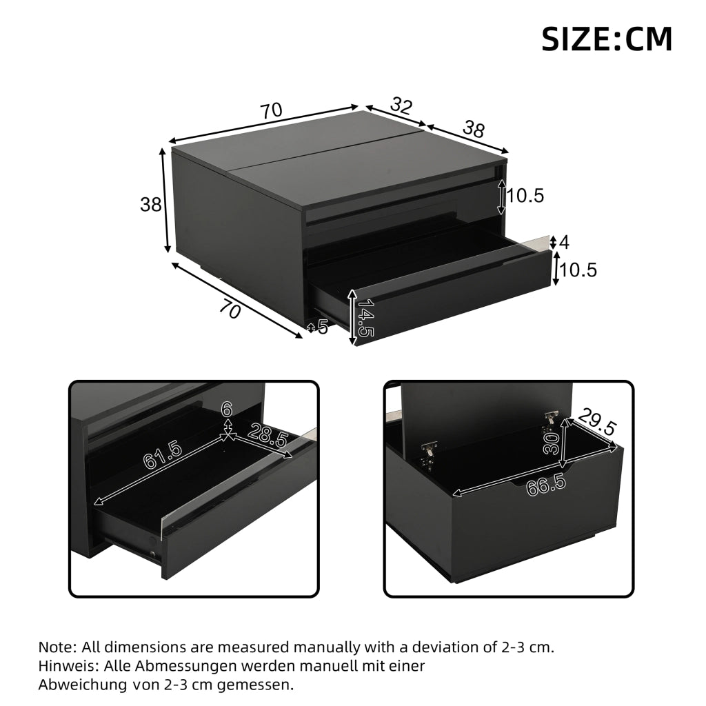 Tavolino da salotto elevabile con LED, cassetto e vano nascosto, finitura lucida nera in truciolare, 70 × 70 × 38 cm