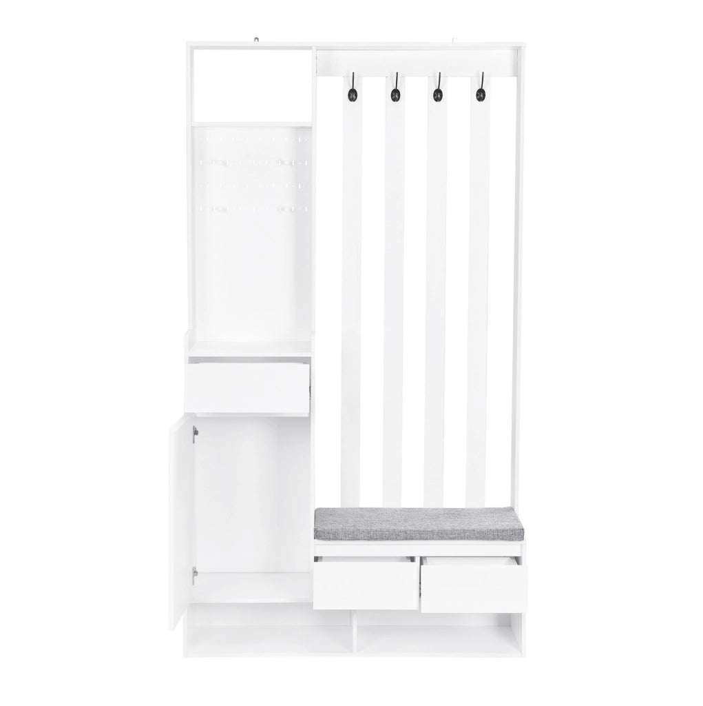 Panca contenitore bianca con appendiabiti a parete e 4 ganci, mobile ingresso multifunzione in MDF H180xL100xP35 cm