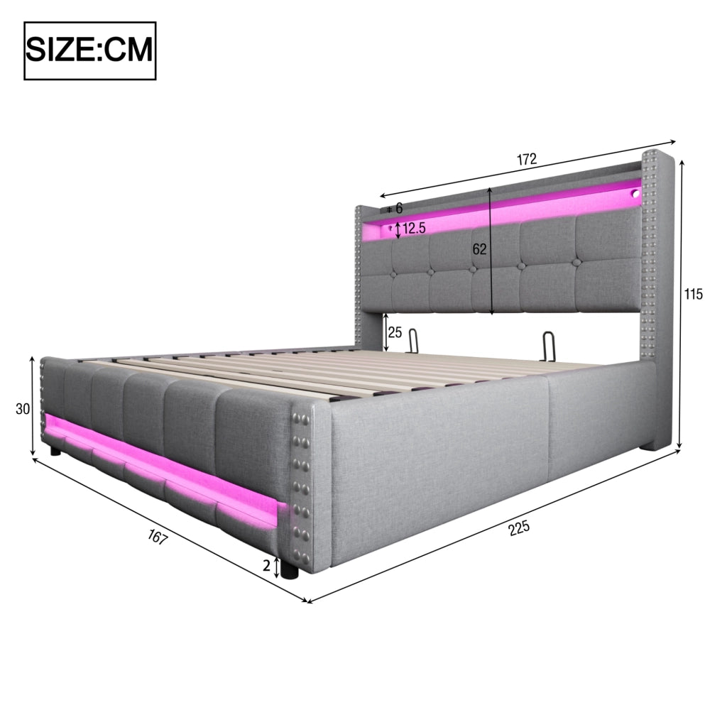 Letto imbottito 160 x 200 cm con LED, presa USB e contenitore