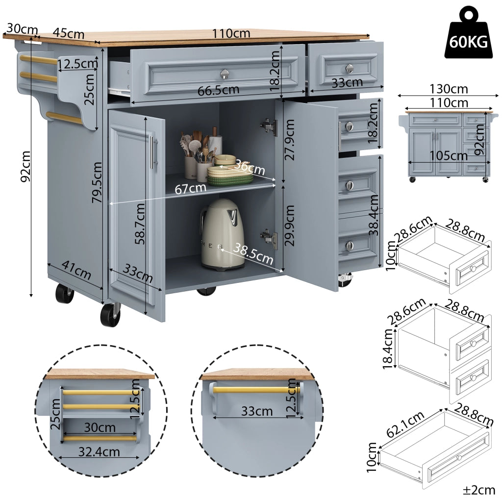Isola da cucina multifunzionale con piano pieghevole, 110 x 75 x 92 cm, Baby Blue, MDF e metallo