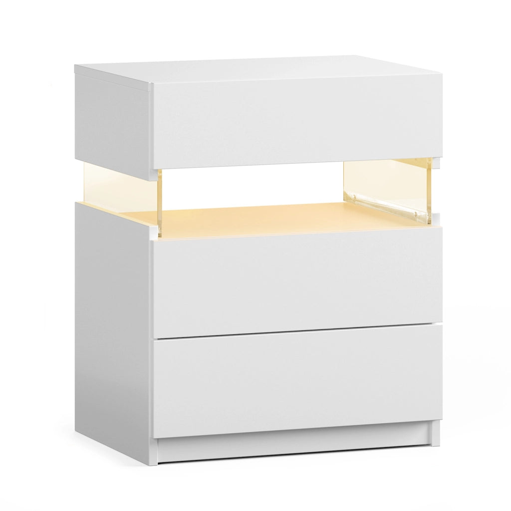 Comodino LED bianco con pannello acrilico e 3 cassetti in legno ingegnerizzato
