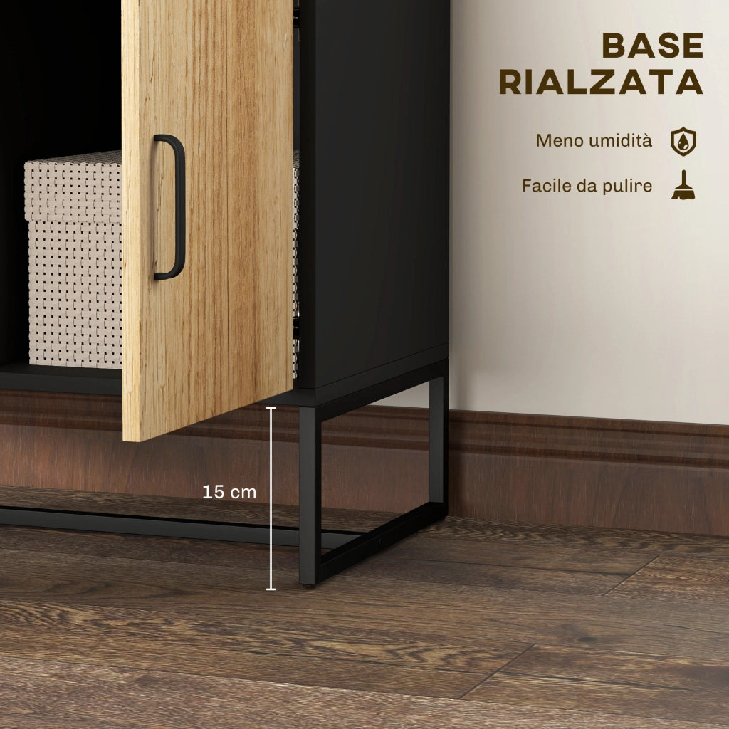 Credenza Moderna Portaoggetti con 3 Armadietti e 2 Cassetti, Mobiletto Multiuso in Truciolato e Acciaio, 80x35x85 cm, Nero e Color Legno