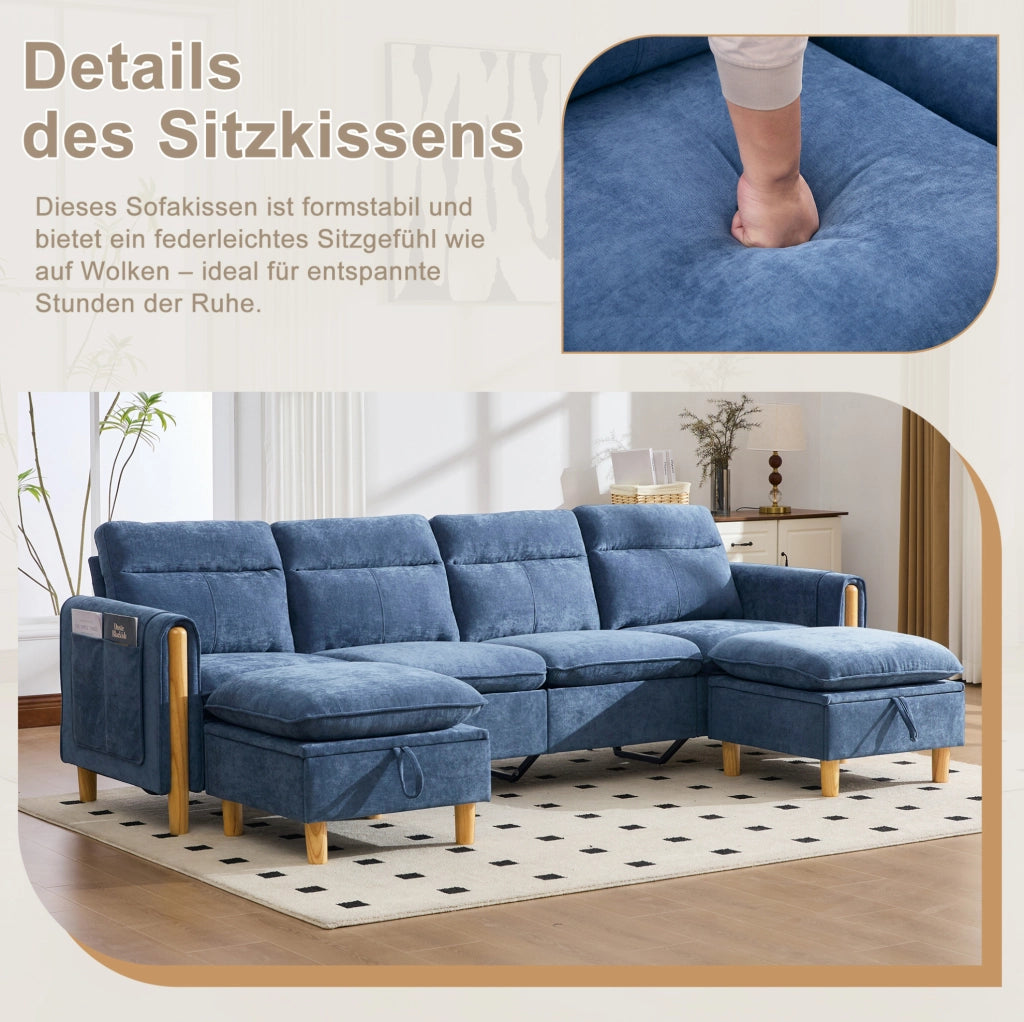 Divano modulare a U 4 posti con 2 pouf contenitore; chenille blu; 261x77x86 cm