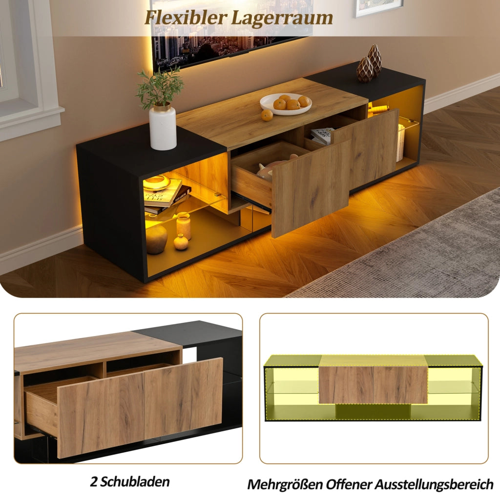 Mobile TV moderno nero con illuminazione LED e due cassetti