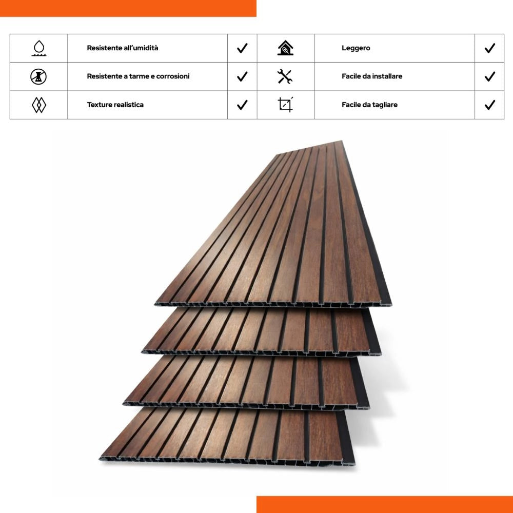 Pannello in PVC con Doghe effetto Legno Rivestimento Murale colore Noce 30x120 conf 10 Pezzi