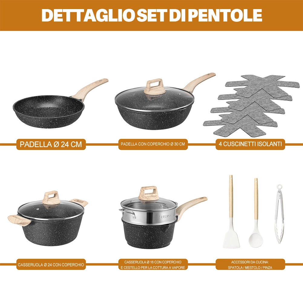 Batteria Pentole 15 Pezzi con Accessori e Coperchi in Alluminio Pressofuso Nero