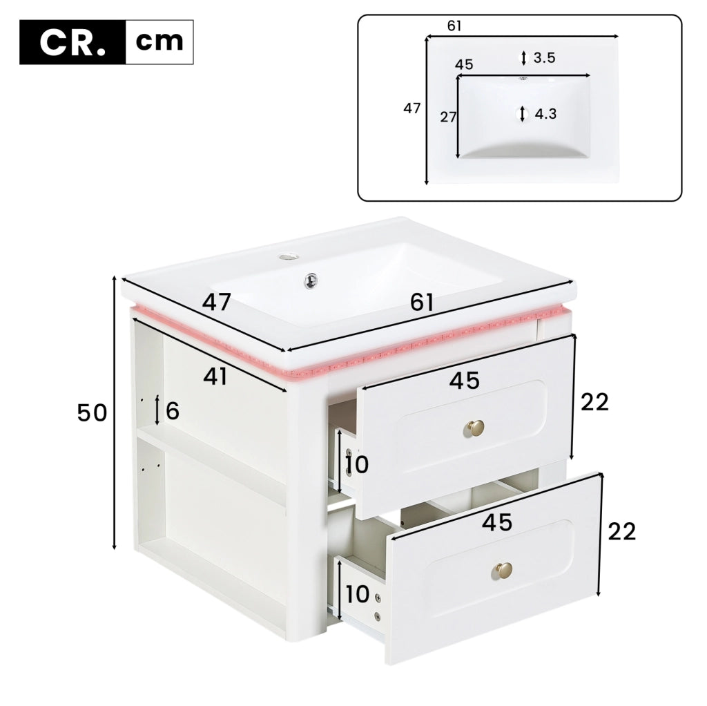 Mobile sottolavabo sospeso 61x47x50 cm in MDF bianco con LED e contenitore