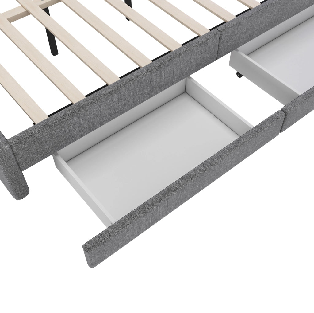 Letto giorno 140x200 cm in lino grigio con LED, doppio cassetto, USB e porta Type-C, rete a doghe senza materasso