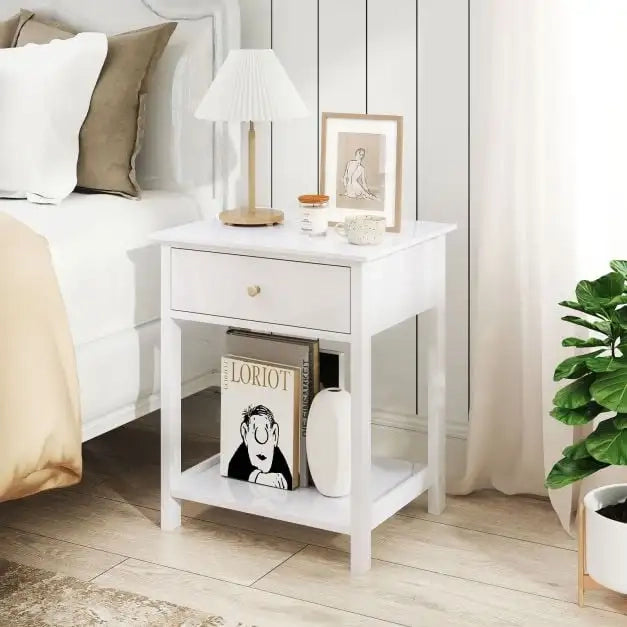 Wooden Bedside Table with Drawer Sofa Table with Open Shelf Mid-Century Style Multifunctional Side Table White