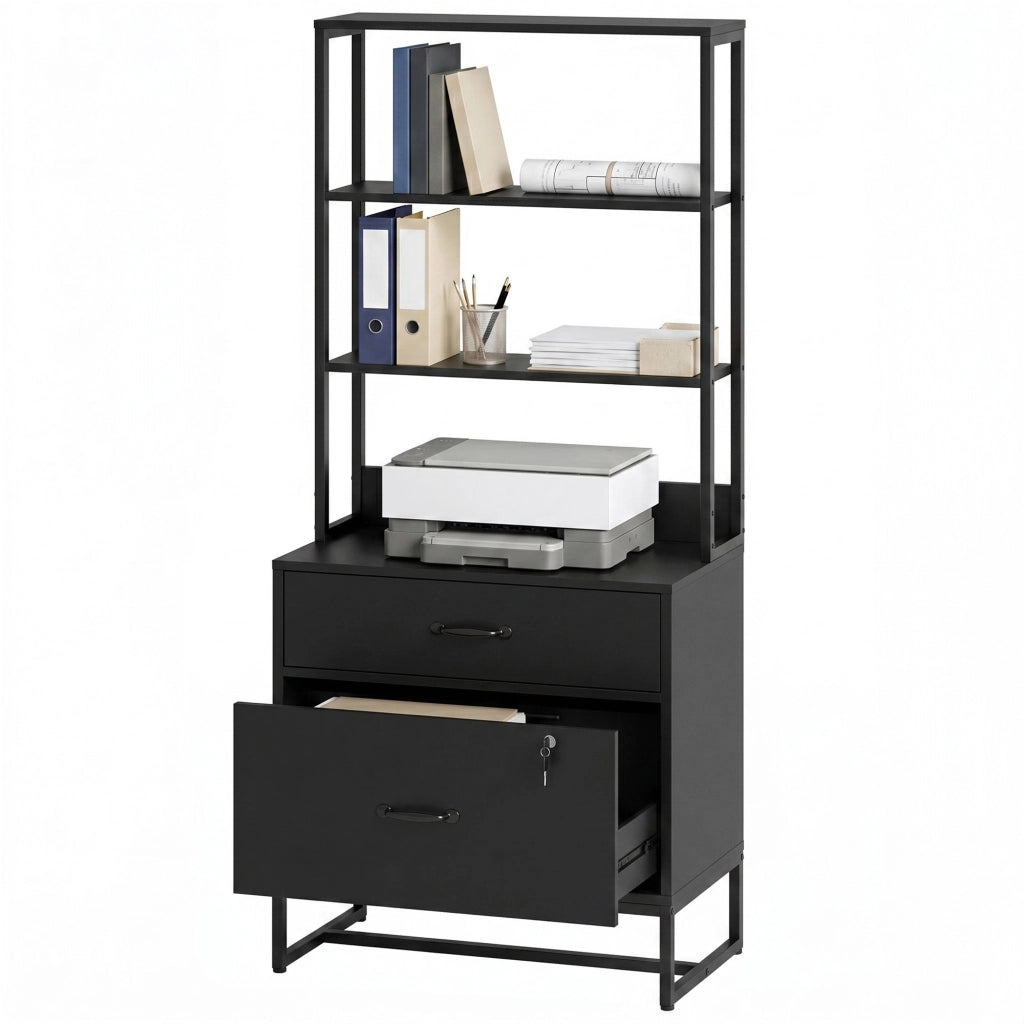 Mobile Archivio Ufficio con 2 Cassetti con Serratura e Libreria Schedario per Formato A4 e Letter Nero
