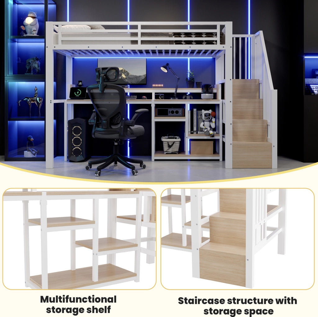 Letto a soppalco in metallo 90x200 cm con scala a armadio, ripiano, USB e Tipo-C, striscia LED, bianco, senza materasso