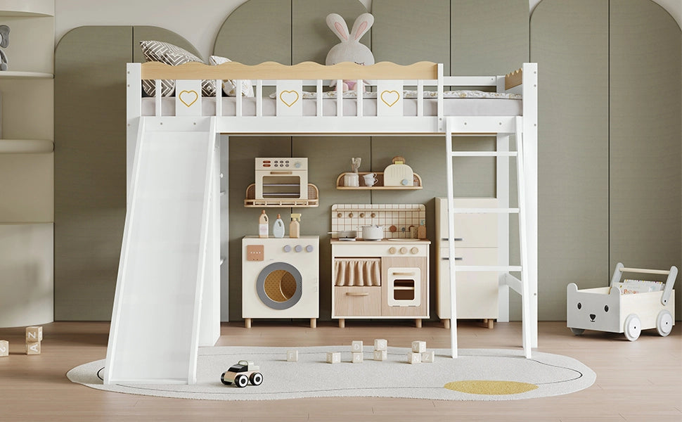 Letto a soppalco per bambini con scivolo 90x200 cm; armadio; portaoggetti e struttura bianco e naturale