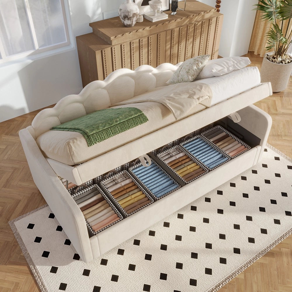 Letto Singolo Contenitore Imbottito con LED ¨C MINIMAL ¨C Velluto Beige 90x200
