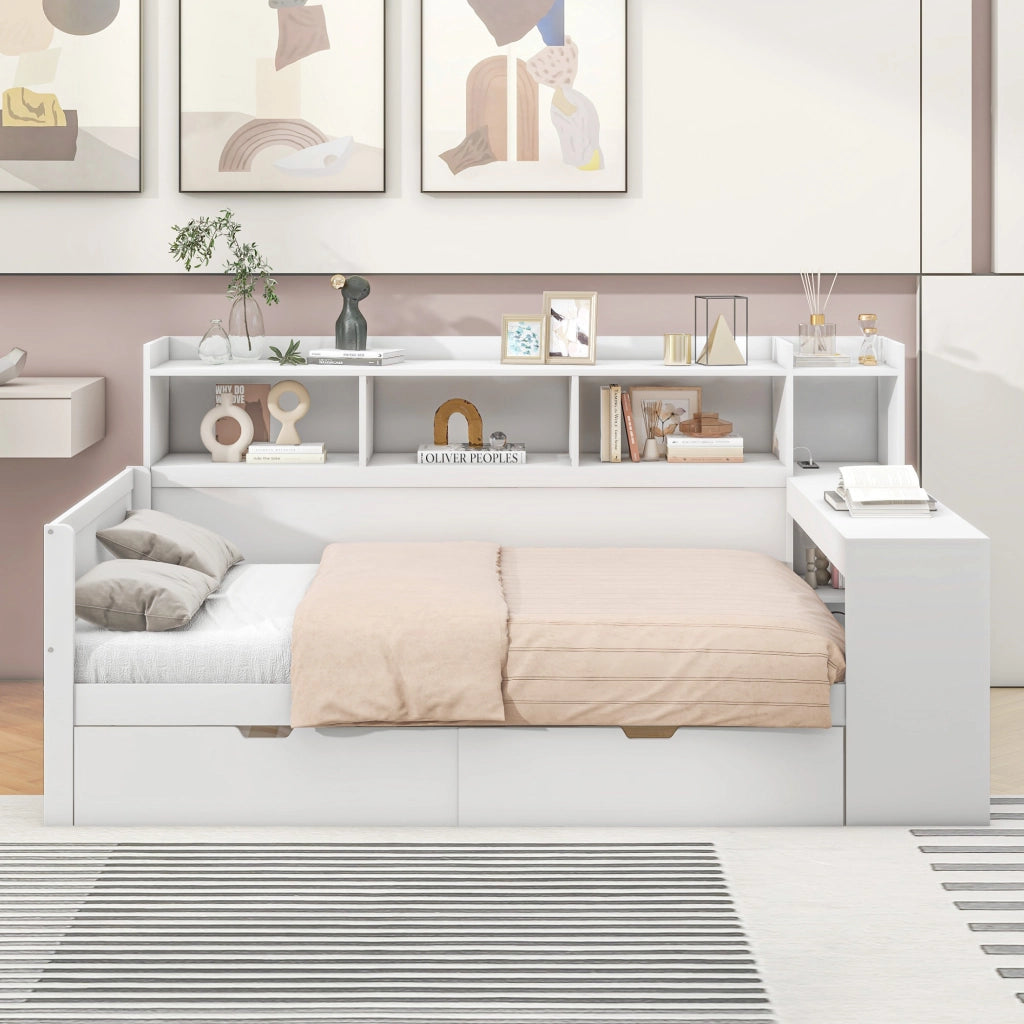 Letto Singolo 90 x 200 cm con USB; prese e 2 cassetti; scrivania in truciolare Bianco