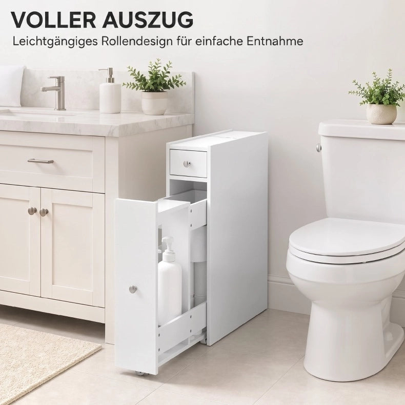 Mobiletto bagno bianco stretto con 2 cassetti e vano aperto, 16x48x58 cm