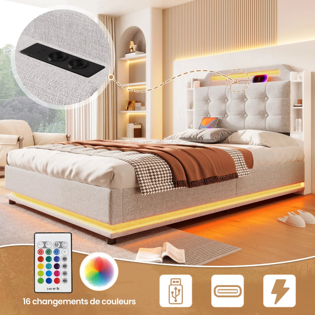 Letto matrimoniale 140 × 200 cm con contenitore idraulico, LED, USB e Type-C, senza materasso, in lino beige