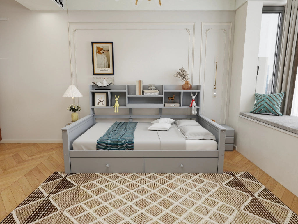 Letto singolo a divano 90 ¡Á 200 cm in legno grigio con cassetti vani laterali e rete a doghe