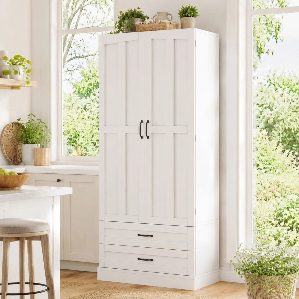 Credenza da cucina alta con 3 ripiani estraibili, 2 cassetti e ripiano regolabile, bianca in MDF, 80 × 37,5 × 180 cm