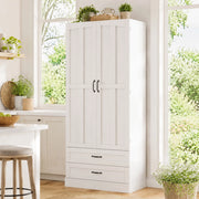 Credenza da cucina alta con 3 ripiani estraibili, 2 cassetti e ripiano regolabile, bianca in MDF, 80 × 37,5 × 180 cm
