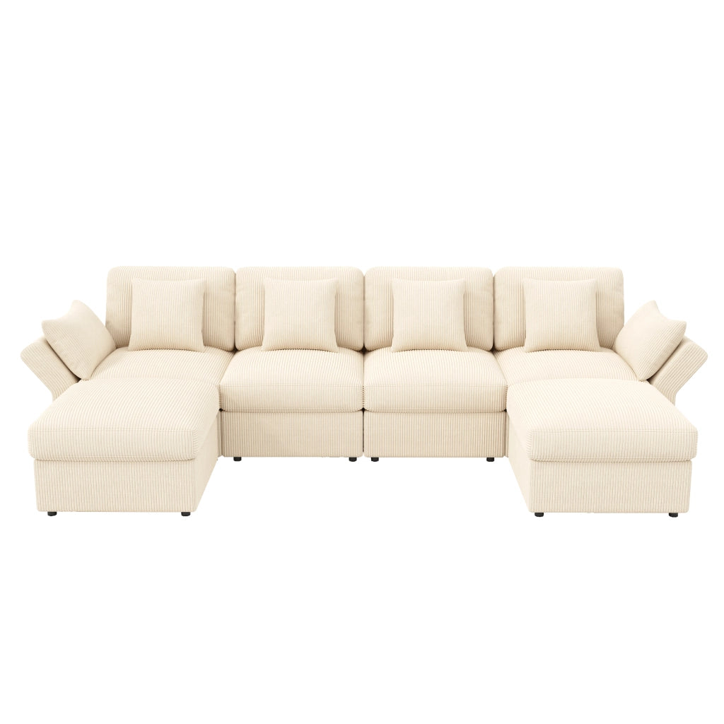Divano angolare modulare 290x159,5 cm con 2 pouf e braccioli regolabili beige