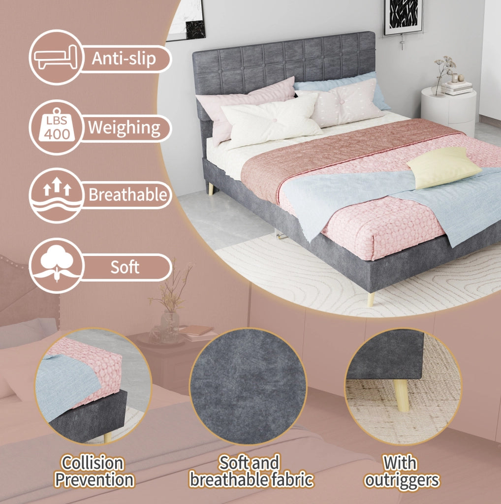 Letto matrimoniale 140 x 200 cm in tessuto grigio con testiera imbottita a quadri