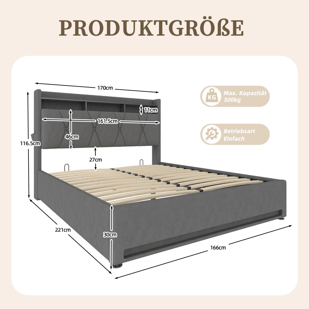 Letto matrimoniale contenitore 160x200 in velluto grigio scuro con luci LED e prese USB