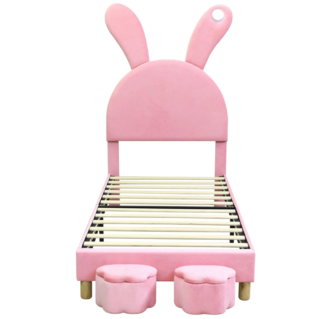 Letto singolo rosa 90x200 in velluto francese con vani contenitore; LED e orecchie pieghevoli