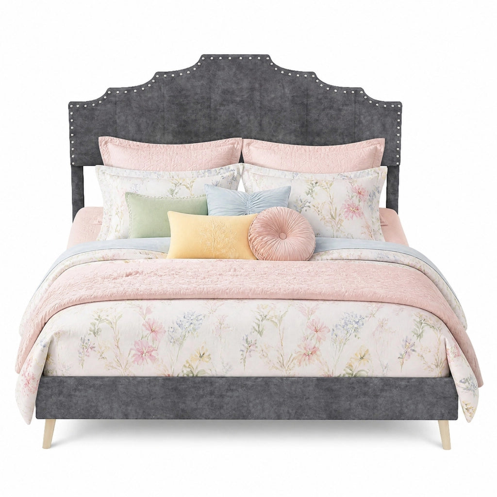 Letto 140x200 cm con rete a doghe e testiera geometrica in tessuto grigio