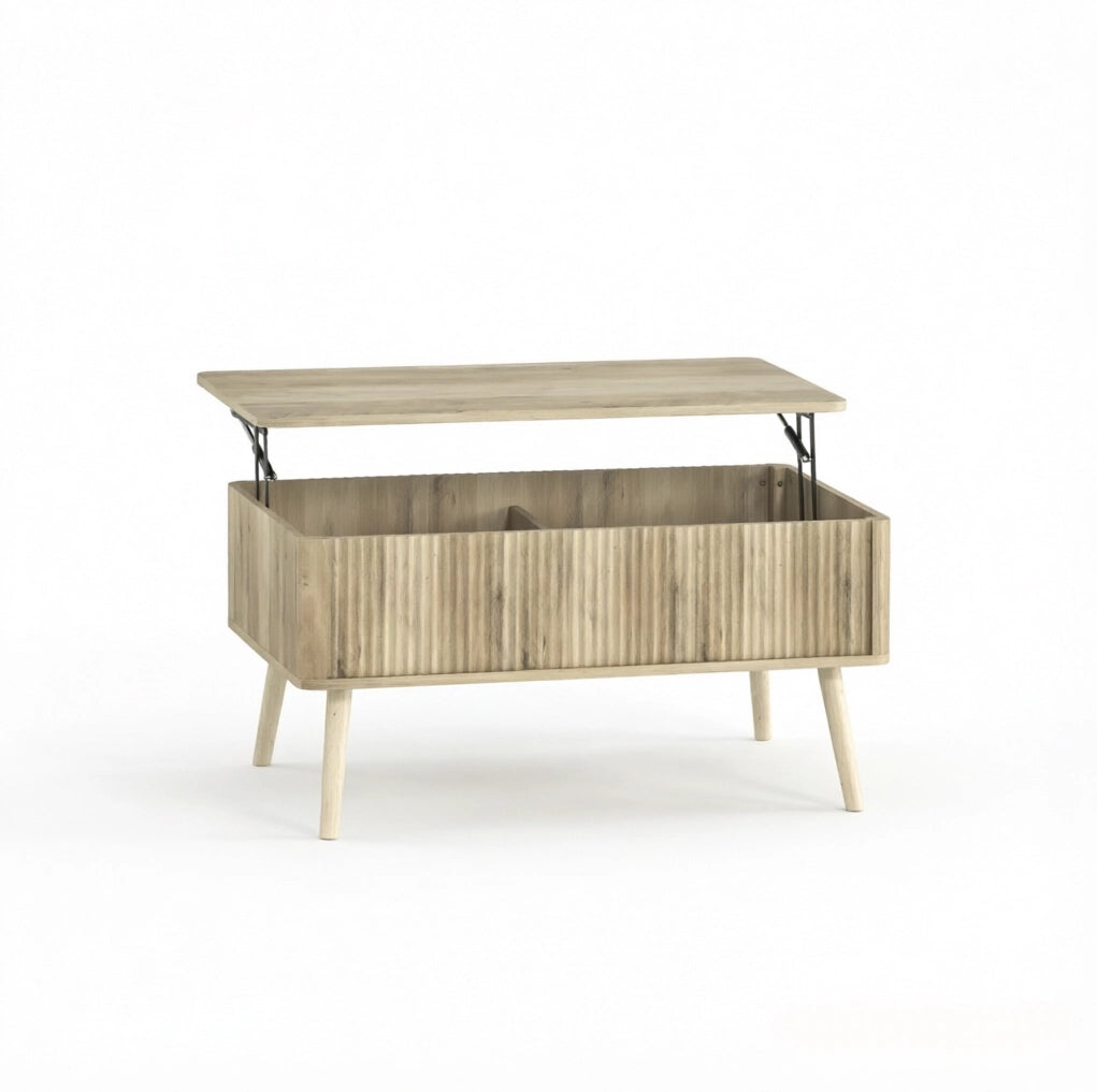 Tavolino da salotto con piano regolabile in altezza in MDF e legno di pino, colore rovere, 91x56 cm