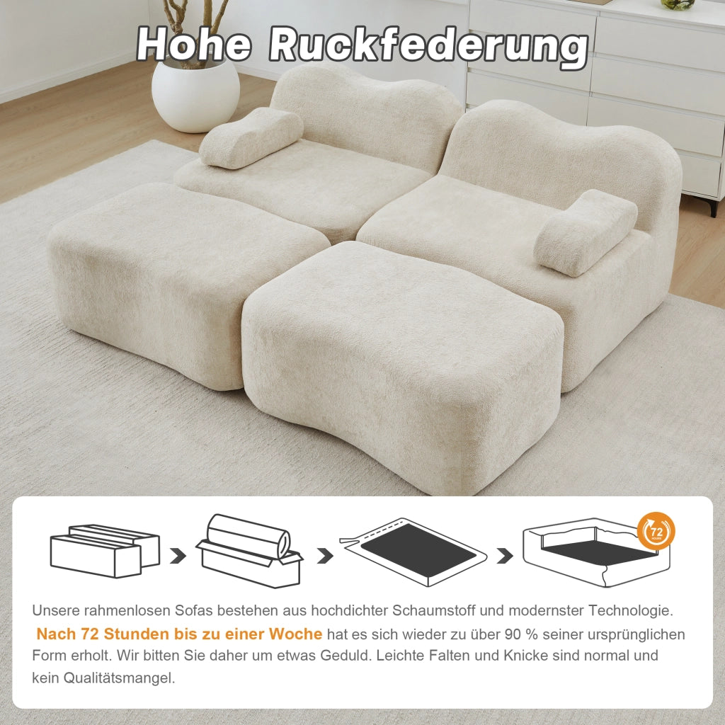 Divano modulare 2 posti con 2 pouf, configurazione flessibile e braccioli mobili in velluto beige