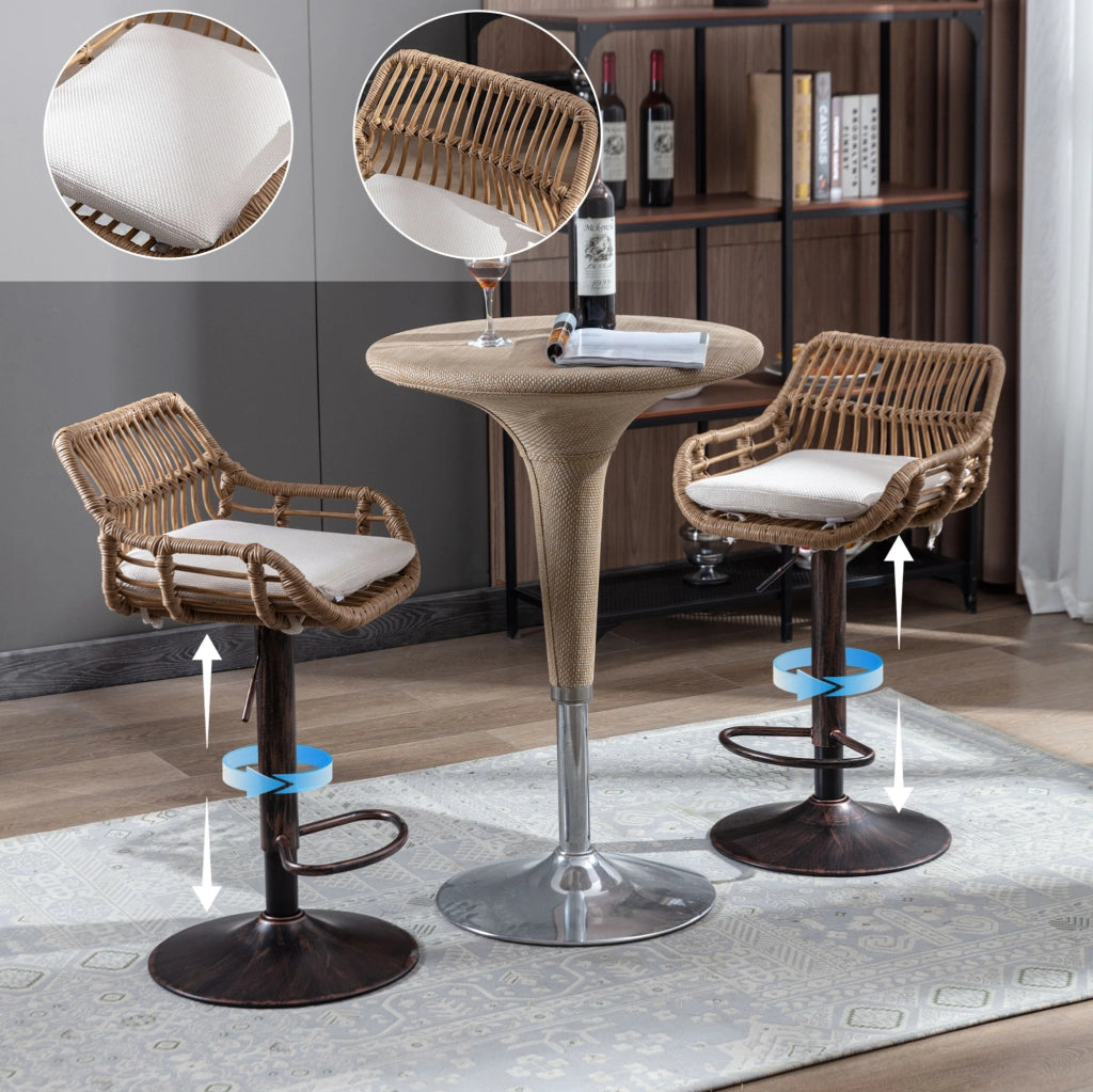Set 2 sgabelli da bar regolabili e girevoli 360° con braccioli; lino e rattan PE; beige