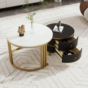 Tavolini da salotto impilabili rotondi con 2 cassetti e piano effetto marmo lucido, in MDF e metallo, nero e oro
