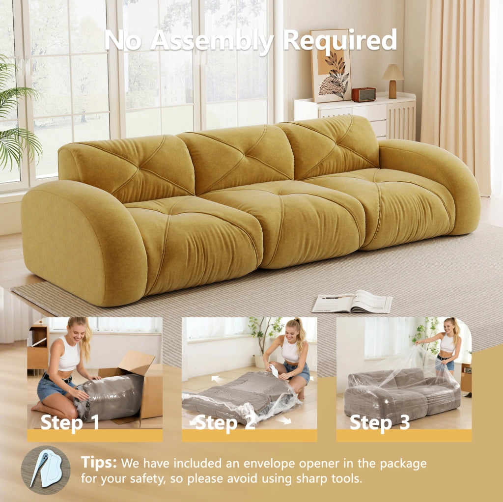 Divano modulare 2 posti in Chenille giallo con 2 pouf, senza struttura, ideale per soggiorno e appartamenti