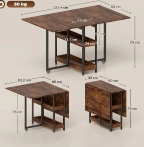 Tavolo da pranzo pieghevole rustico in melaminico 133,4x80x75 cm con 2 ripiani aperti, per 2-4 persone