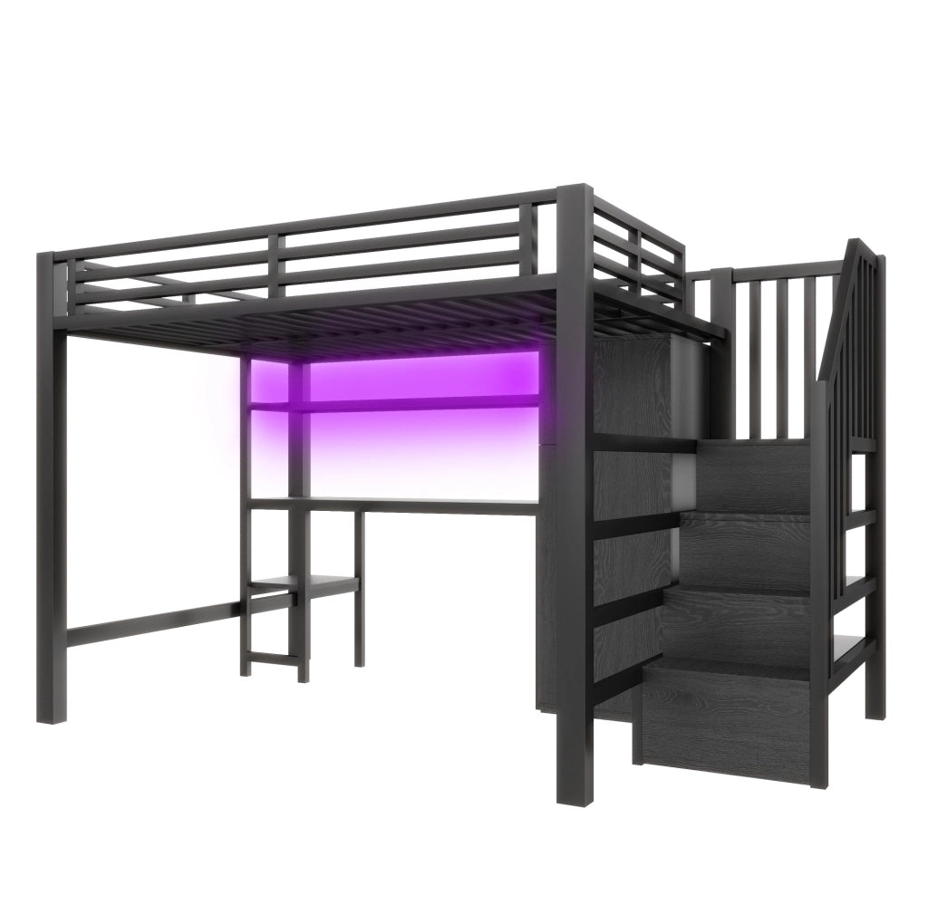 Letto a soppalco 140x200 cm in metallo nero con scrivania, armadio e LED