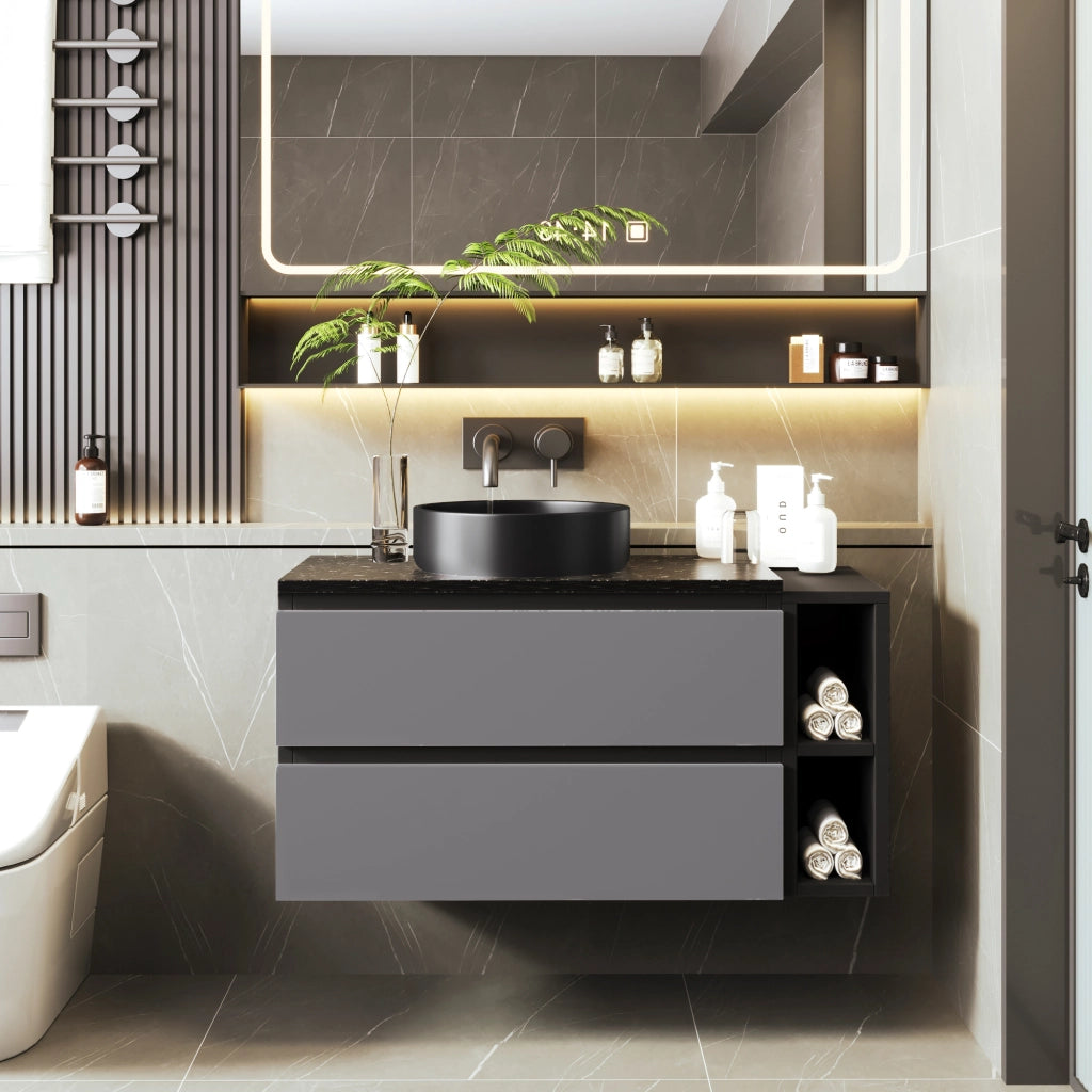 Mobiletto con lavabo rotondo in ceramica nero cassetti vano aperto piano in marmo MDF grigio 80.0 × 44.0 × 48.5 cm