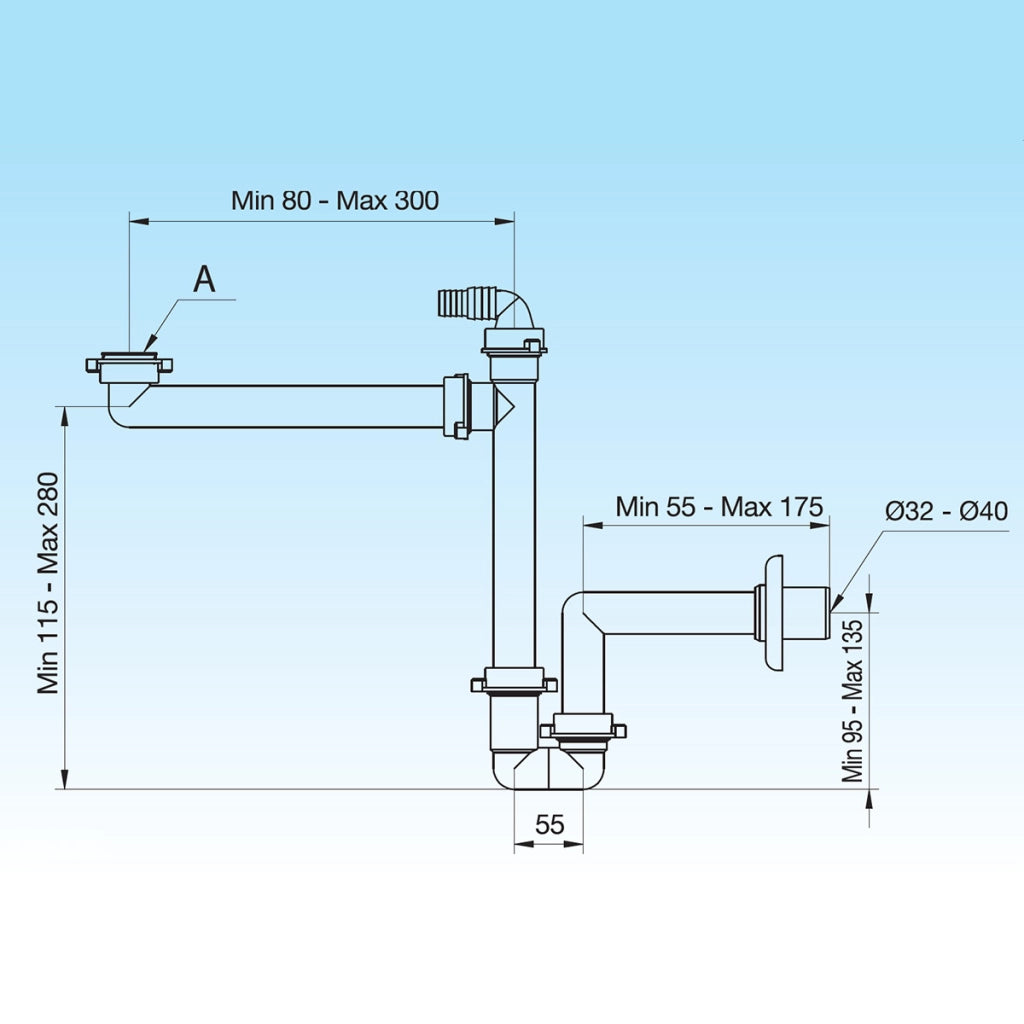 SIFONE SALVASPAZIO PER LAVABO CON raccordo e portagomma 1 - 11/4 D. 32-40 mm LIRA