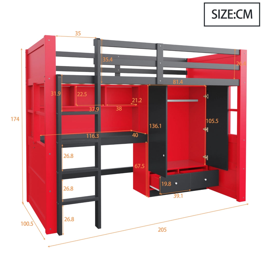 Letto a soppalco 90 x 200 cm in legno con scala; LED; prese; armadio; cassetti e scrivania; nero e rosso