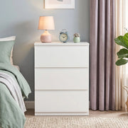 Comò bianco con 3 cassetti senza maniglie, mobile moderno per camera da letto 75x55x34 cm