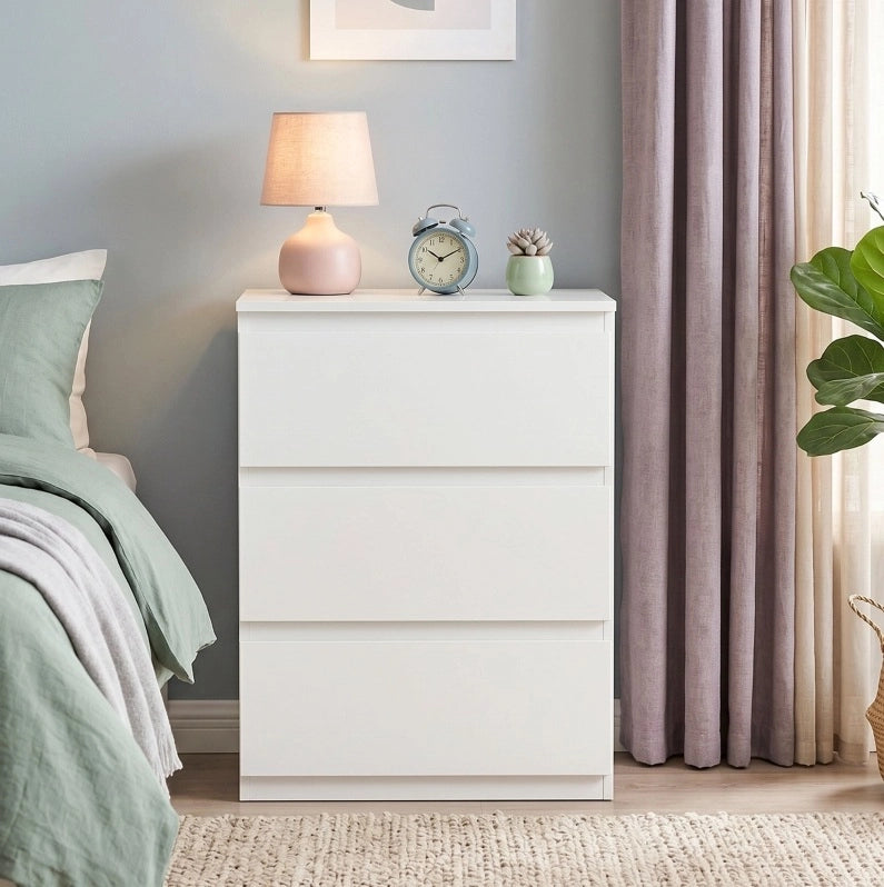 Comò bianco con 3 cassetti senza maniglie, mobile moderno per camera da letto 75x55x34 cm