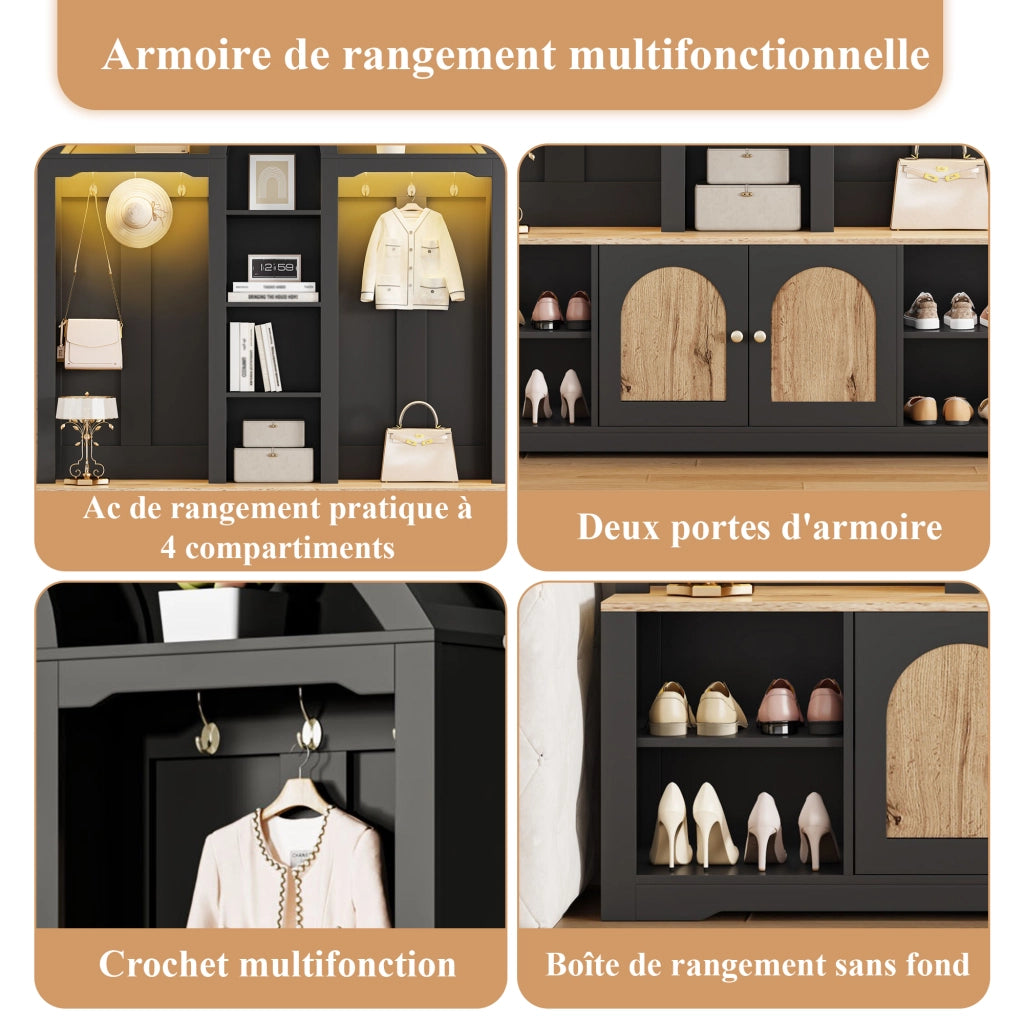 Mobile da ingresso con 2 ante, 3 ripiani aperti e ganci, illuminazione LED per corridoio, in MDF nero, 150 × 40 × 195 cm